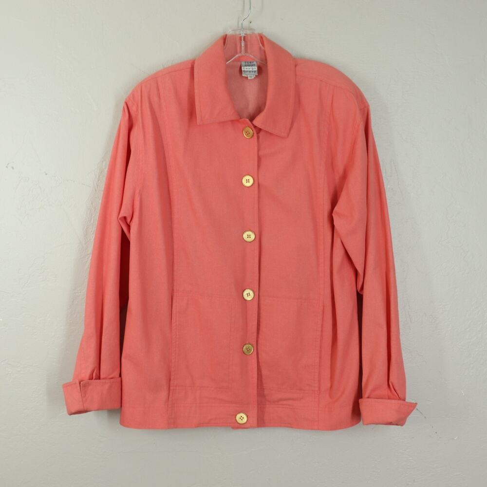 Vtg Tony Lambert Jacket Women 10 Coral Cotton Button Pockets Long Sleeve